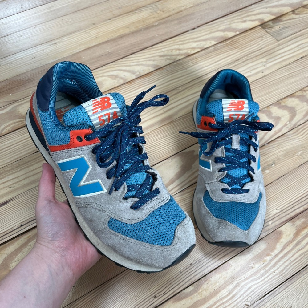 New Balance 574 Grey Blue Orange Suede Mesh Sneakers Mens 9 athletic casual shoe